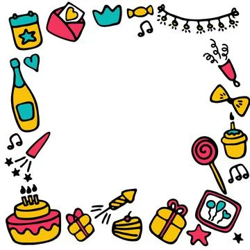 Birthday frames. Celebration b-day icon set. Hand drawn elements. Vector Stock Illustration