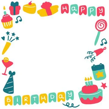 Birthday frames. Celebration b-day icon set. Hand drawn elements. Vector Stock Illustration
