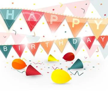 Birthday greetings vector background with confetti, flags and spiral ribbons. Stock Illustration