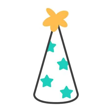 Birthday hat flat line icon with stars yellow cap. Stock Illustration