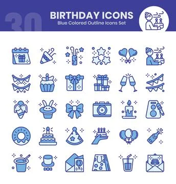 Birthday Icons Bundle. Blue colored outline icon style. Vector illustrations Stock Illustration