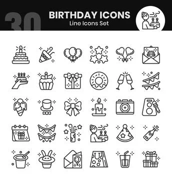 Birthday Icons Bundle. Thin outline icon style. Vector illustrations Stock Illustration