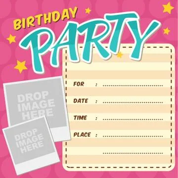 Birthday invitation with photos and paper background Stock Illustration