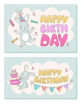Birthday Invitation Template with Cute Rabbit, Cake and various elements Stock Illustration