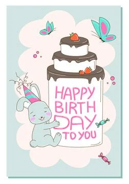 Birthday Invitation Template with Cute Rabbit, Cake and various elements Stock Illustration