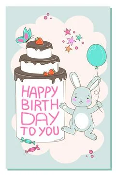 Birthday Invitation Template with Cute Rabbit, Cake and various elements Stock Illustration