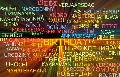 Birthday multilanguage wordcloud background concept Stock-Illustration