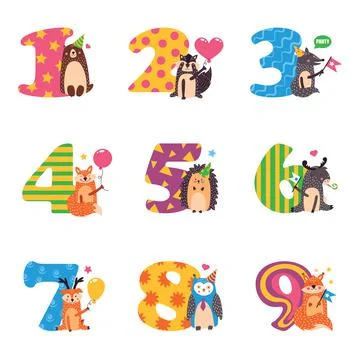 Birthday numbers with cute animals. Vector illustration isolated on white bac Stock Illustration