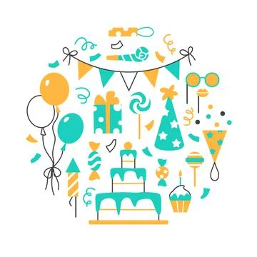 Birthday party circle flat line concept on white Stock Illustration