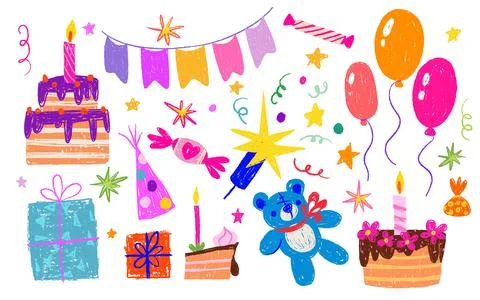Birthday party crayon style elements 스톡 일러스트