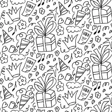 Birthday party doodle seamless pattern. Festive endless background. Hand drawn 스톡 일러스트
