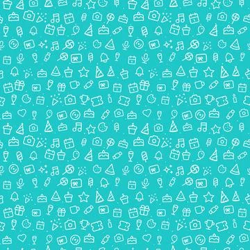 Birthday party doodle seamless pattern, white on turquoise イラスト素材