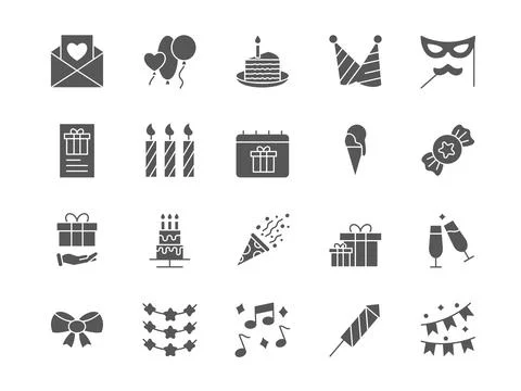 Birthday party elements. Black silhouette icons. Happy event symbols. Fun hat Stock Illustration
