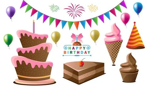 Birthday party elements for celebration such as pestry, balloon, cake, birt.. Illustrazione stock