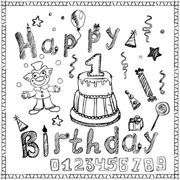 Birthday party elements colored hand drawn sketch with numbers isolated Stock Illustration