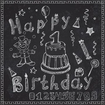 Birthday party elements colored hand drawn sketch with numbers on chalkboard Illustrazione stock