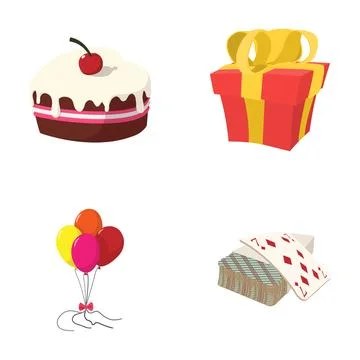 Birthday party elements including cake, gift, balloons, and playing cards Stock Illustration