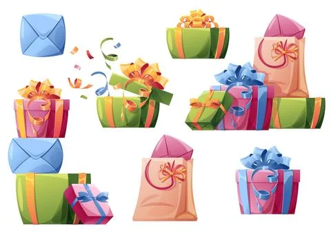 Birthday party elements. Set of gift boxes with bows on isolated background.. Stock Illustration