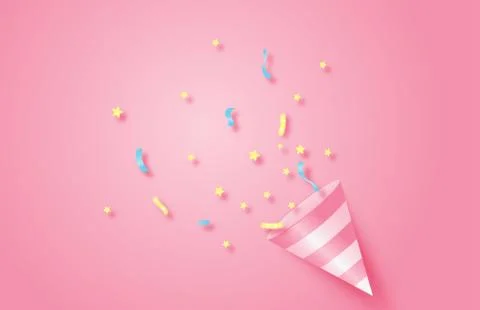 Birthday party. Exploding pink popper cone with confetti. Event celebration c 스톡 일러스트