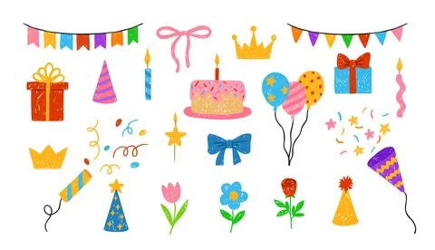 Birthday party festive design elements set, gift box, crown, flowers Stock Illustration