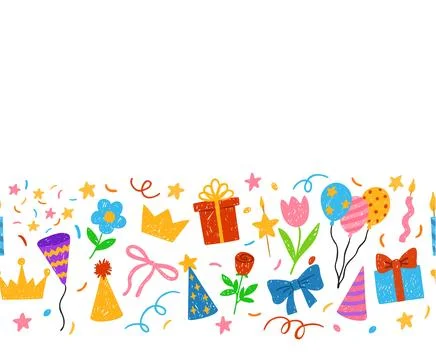 Birthday party festive vector crayon sketch seamless border design, gift box Stock Illustration