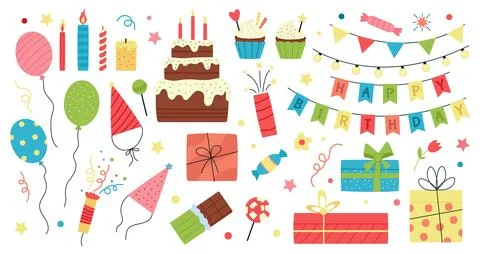 Birthday party flat elements. Anniversary balloon, muffins with candles Stock Illustration