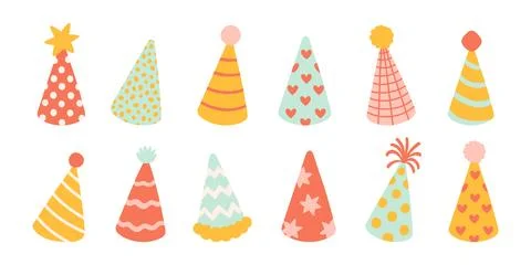 Birthday party hat set. Vector illustration set of cute doodle colored party Stock Illustration