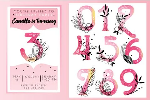 Birthday party invitation template with watercolor floral numbers Stock Illustration