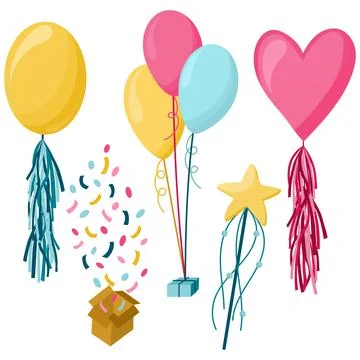 Birthday party isolated elements set with colorful presents balloons, magic w Stock Illustration