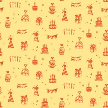 Birthday party seamless patterns with hand drawn doodles Illustrazione stock