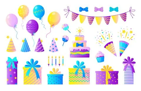 Birthday party set. Decorative elements for children party, colorful confetti Stock Illustration