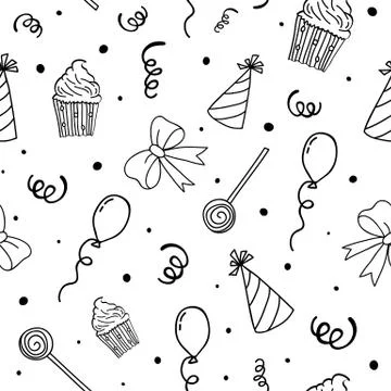 Birthday pattern. Party background. Hand drawn seamless pattern. Vector illus Stock Illustration
