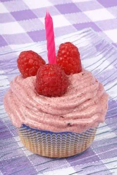 Birthday raspberry cupcake Stock Photos
