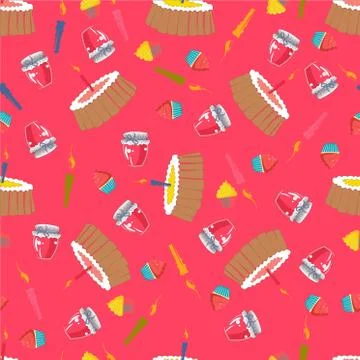 Birthday seamless pattern with cake, candles and cupcakes, pastries. Perfect  Stock Illustration