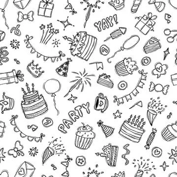 Birthday seamless pattern. Cute background. Hand drawn party theme. Happy B.. Stock Illustration