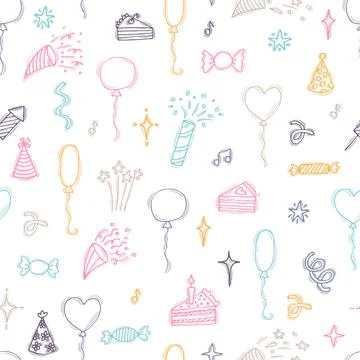 Birthday seamless pattern. Cute doodle background. Happy Birthday. Hand dra.. Stock Illustration