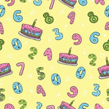 Birthday seamless pattern with cute numbers, cakes, music notes Stock Illustration