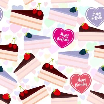 Birthday seamless pattern design Sweet cake decorated with fresh berry, pink  Stock Illustration
