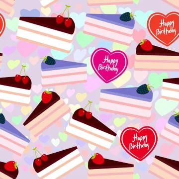 Birthday seamless pattern design Sweet cake decorated with fresh berry, pink  Stock Illustration