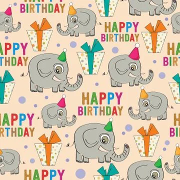 Birthday seamless pattern with elephants and gifts Illustrazione stock