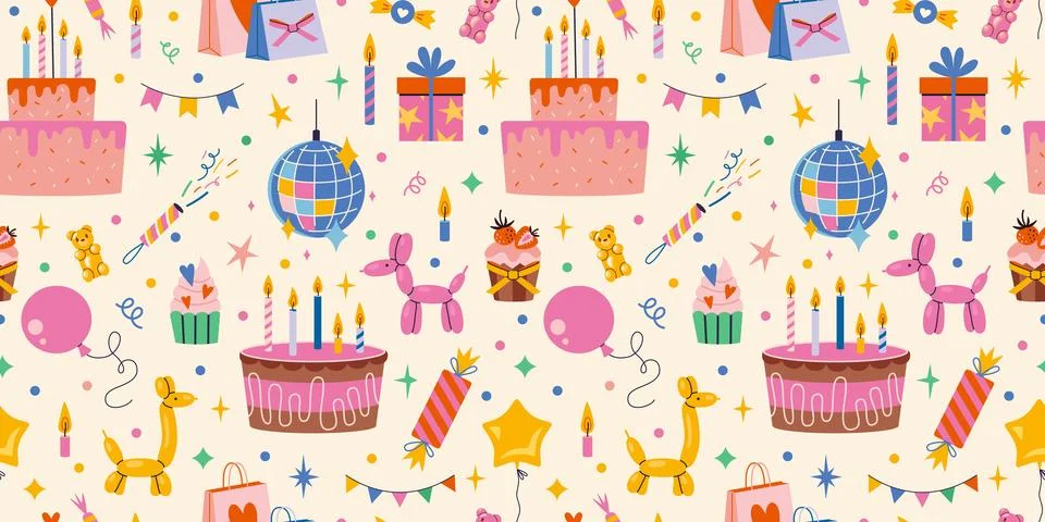 Birthday Seamless pattern with Festive decor like celebration cake with candl Stock Illustration