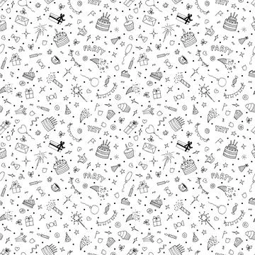 Birthday seamless pattern. Hand drawn party theme. Happy Birthday. Cute doo.. Stock Illustration