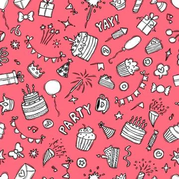 Birthday seamless pattern. Happy Birthday. Cute background. Hand drawn part.. Stock Illustration