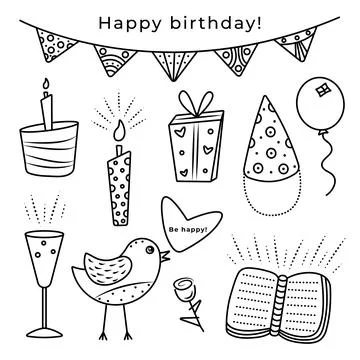 Birthday set of cute doodle items Stock Illustration