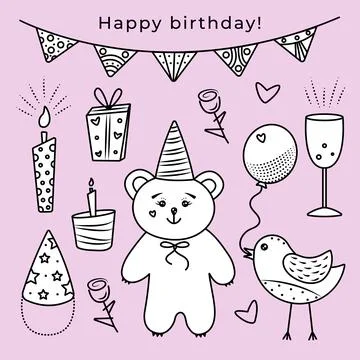 Birthday set of doodle items Stock Illustration