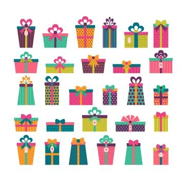 Birthday surprise. Set of different gift boxes. Colorful wrapped gift boxes.. Stock Illustration