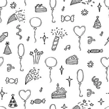 Birthday theme. Hand drawn party seamless pattern. Cute doodle background. .. Stock Illustration