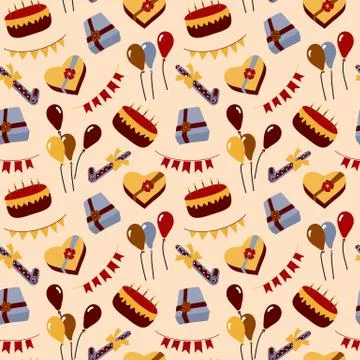Birthday theme seamless pattern. Colorful detailed, with lots of objects vect Illustrazione stock