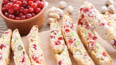 Biscotti with pistachios and cranberries. Stock Footage 70579257