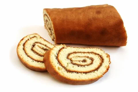 Biscuit cake with jam inside on a white background. Stock Photos